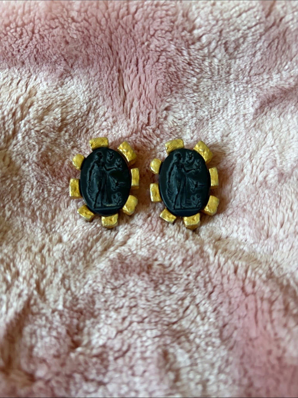 Rare 1980s Runway Signed Kate Hines Gold & Cameo Clip on Earrings
